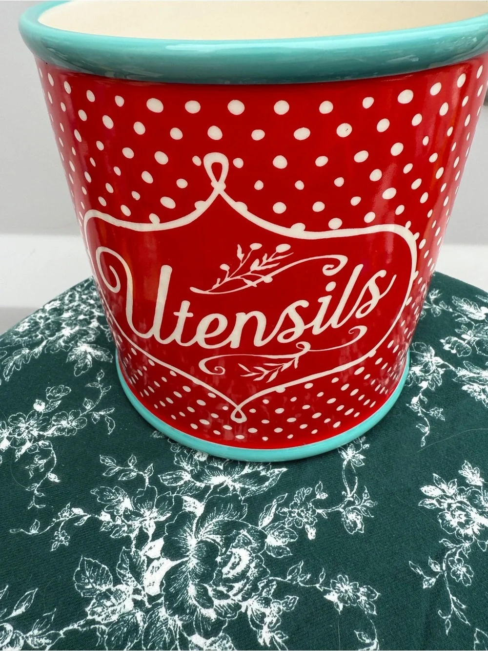The Pioneer Woman Red Polka Dot Utensil Crock with Teal Trim